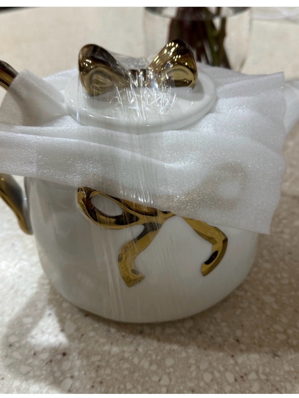 White Ceramic coffee Bowl with Gold Bow Accent